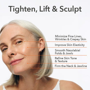 Promotional skincare graphic with a close-up of a woman's face and neck, text reading 'Tighten, Lift & Sculpt,' and callout lines listing skin benefits such as minimizing fine lines, improving elasticity, smoothing nasolabial folds, refining tone, and fir