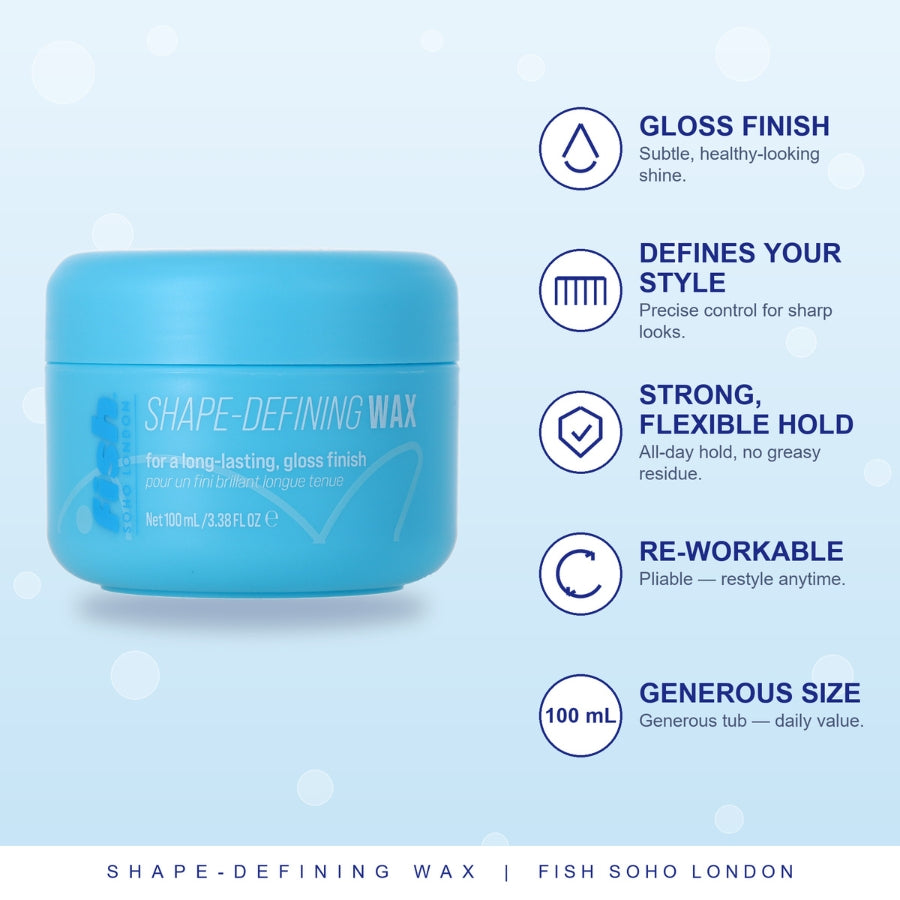 A light blue jar of Shape-Defining Wax hair wax on a pale blue background with white text callouts describing product benefits: gloss finish, defines your style, strong flexible hold, re-workable, and generous 100 mL size. Brand text 'Fish Soho London' ap