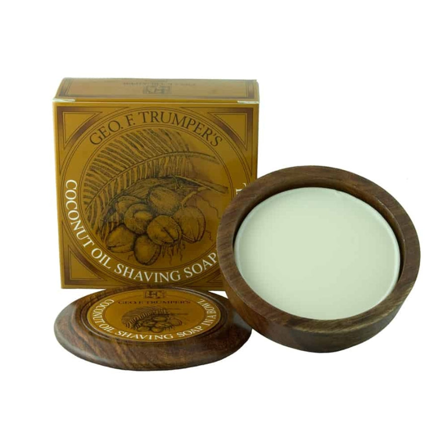 Geo F Trumper Coconut Oil Shaving Soap in wooden shaving bowl