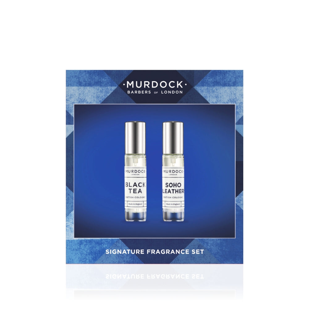 Murdock London Signature Fragrance Set containing two 10ml travel perfume bottles: Black Tea and Soho Leather, presented in a blue geometric box.