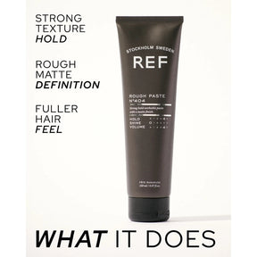 A dark brown squeeze tube of REF Stockholm Sweden Rough Paste N.404 styling aid, shown on a white background with black text highlighting key features: strong texture hold, rough matte definition, fuller hair feel, and what it does.