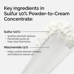 Sulfur 10% Powder-to-Cream Concentrate with key ingredients listed on a white background.