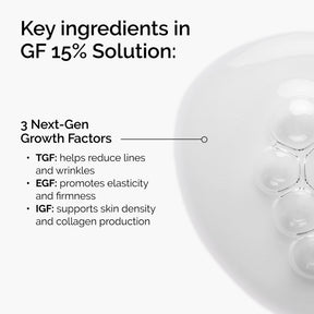 Key ingredients in GF 15% Solution with text and a close-up of a skincare product.